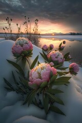 peony flowers, sunset over the lake illustration