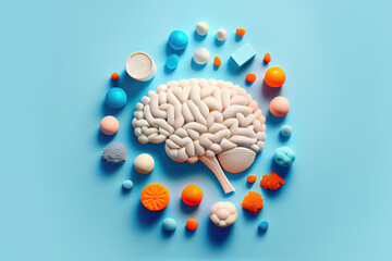 Image of a white model of the human brain and different colorful pills to improve memory. Health care concept. Generative AI - 569472240