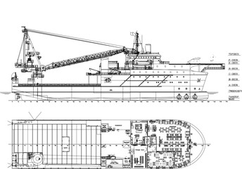 Detailed vector sketch illustration of a cargo resque ship with crane and scale of sizes