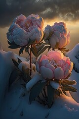 peony flowers, sunset over the lake illustration