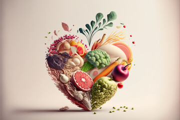 Horizontal abstract realistic illustrated love heart made of fresh vegetables and fruits isolated on a light background. Generative AI