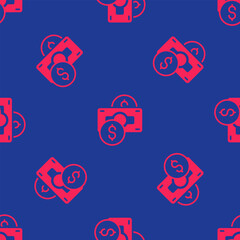 Red Stacks paper money cash icon isolated seamless pattern on blue background. Money banknotes stacks. Bill currency. Vector