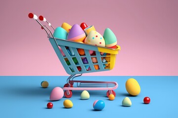 Naklejka na ściany i meble Conceptual advertisement featuring Easter eggs in a shopping cart. Generative AI