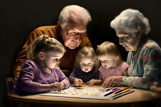 Elderly grandfather and grandmother (nana and papa) reading and playing with their sweet grandchildren, boys and girls, beautiful illustration family portrait