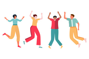 Fototapeta na wymiar Happy modern employees jumping with their hands up. Flat vector illustration.