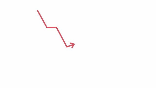 Animated red arrow falling down. Stock market. Decreasing graph. Flat cartoon style element 4K video footage. Color illustration on white background with alpha channel transparency for animation