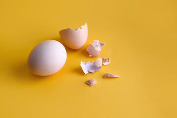 eggshell on a yellow background. Empty broken eggshell, half, yellow background, macro