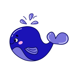 Cute blue underwater whale splashes water. Marine animals. A simple children's icon for stickers, books, prints. Vector doodle illustration in cartoon style