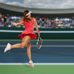 Back view photo of young fit sporty woman in red sportswear playing tennis on court