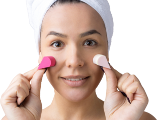 Beauty portrait of woman in white towel on head with a sponge for a body in view of a pink heart. Skincare cleansing eco organic cosmetic spa relax concept.