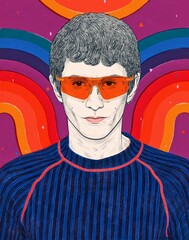 Attractive Young Man Male Androgynous Model Orange Sunglasses Fashion 1970s Rainbow Wearing Sportswear