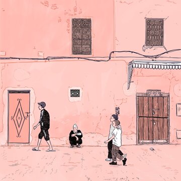 Moroccan Middle Eastern Street Scene Men Teenagers Walking Pink Texture Fine Art Illustration Drawing 