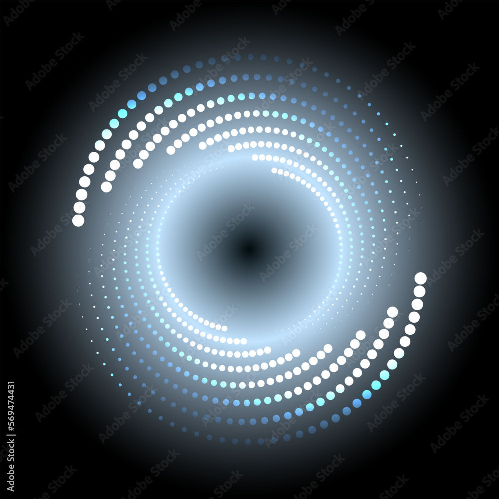 Poster a white circle of dotted halftones with neon glow on a black background. a design element. the effec