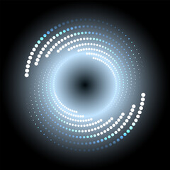 A white circle of dotted halftones with neon glow on a black background. A design element. The effect of a rotating, disappearing gradient. Abstract minimalistic background. Vector illustration.