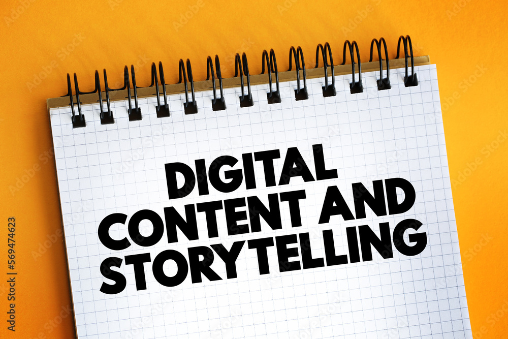 Poster digital content and storytelling text on notepad, concept background