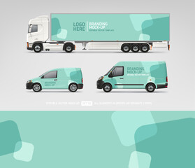 Truck and Van Brand Identity Mock-Up set with blue and white abstract design. Business Car mockup template.  Editable vector template