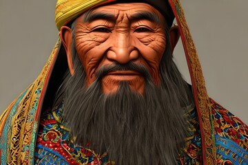 Obraz premium Old Chinese man of the Uyghur ethnic group dressed in traditional cloth. Generative AI