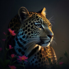Fototapeta na wymiar a leopard with a blue eyes and a black background with flowers in the foreground, ai generated