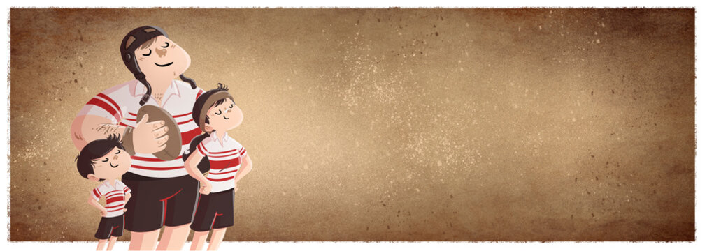 Illustration of rugby players of different categories with ball