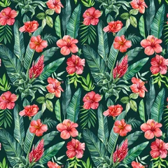  Floral Seamless pattern, wallpaper jungle and tropical palm levels and tropical red flower, bromeliad, hibiscus  © Hanna