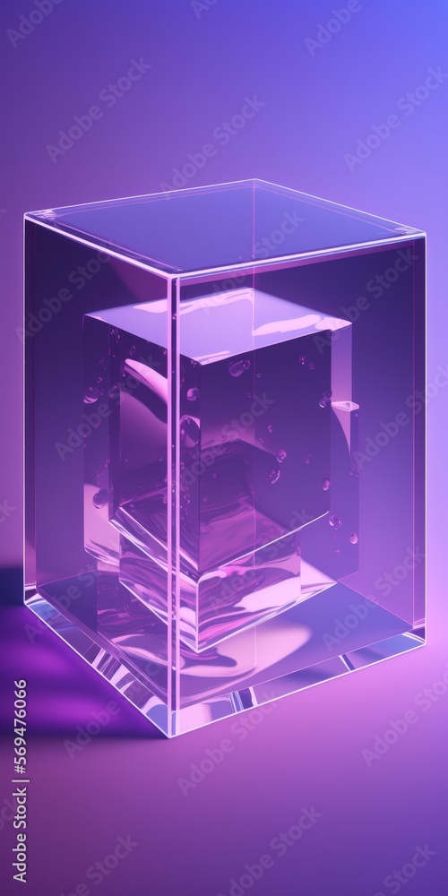 Poster glass square crystal block or cube composition with angle perspective and light refraction effect. a
