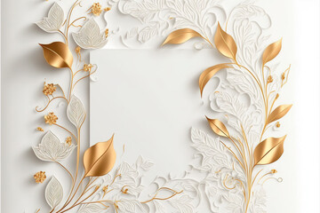 White and Golden Frame, Leaves and Vines background, Generative Ai