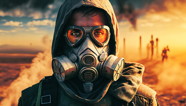 Man in gas mask post-apocalypse world. Digital illustration generative AI