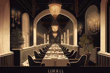 Grande Salle d'un restaurant de luxe avec une longue table pour de grandes assembl&eacute;es 