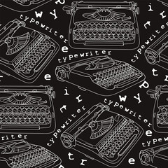 A pattern of typewriters drawn with lines. Black background and white outline typewriter with text. Background for celebrating Poet's Day, Writer's Day. Retro style gift wrapping