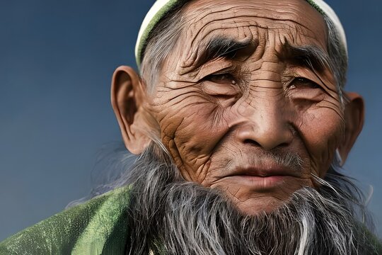 Old Chinese man of the Uyghur ethnic group dressed in traditional cloth. Generative AI