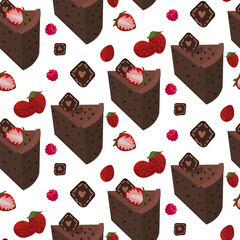 A pattern of cut pieces of chocolate cake with strawberries. Slices of sweet cakes on a white background. Illustration of a vector drawing. Packaging for holidays. Background for postcards, textiles.