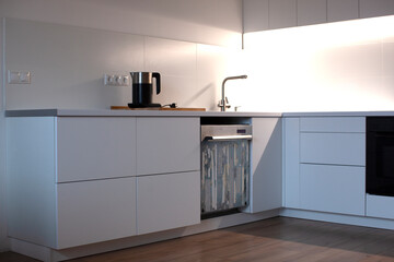 Kitchen furniture under renovation. White interior design. 