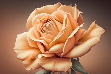Close up macro picture shows a large apricot colored rose flowerhead with a subtle pink gradient. Generative AI