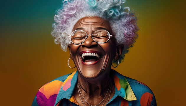Funny grandmother with colored hair laughing at camera. Happy African american old woman generated with generative AI
