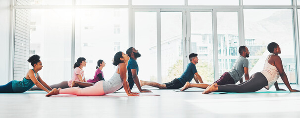 Yoga class, fitness and exercise with people together for health, diversity and wellness. Men and women in zen studio for holistic workout, mental health and body balance with cobra mockup on ground