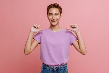 Portrait of young beautiful smiling woman pointing on herself thumbs