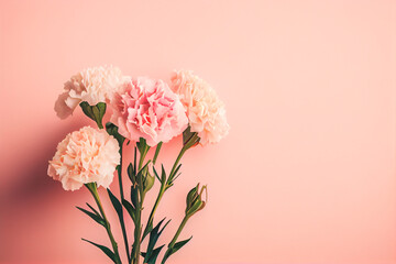 Carnation bouquet on pastel pink background with copy space. 3D illustration concept for Mother's Day holiday greetings card. Wide angle format banner. Generative AI