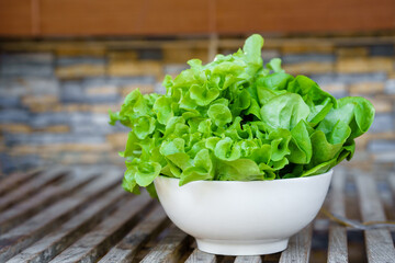 Leafy greens or lettuce in white bowls that are commonly used in salads or eaten fresh. Healthy food concept.