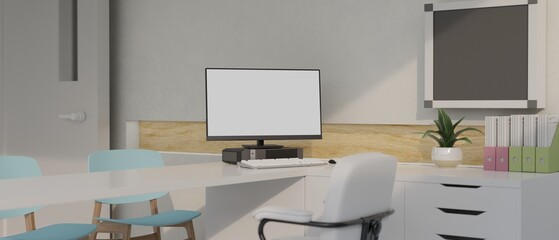 Modern doctor office interior design with computer mockup on a desk, office supplies, chairs