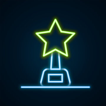recommend clip art: Glowing neon line Movie trophy icon isolated on black background. Academy award icon. Films and cinema symbol. Colorful outline concept. Vector