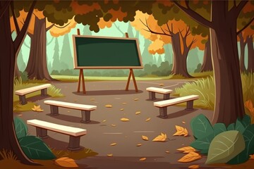 empty outdoor class room in forest with blank classic green chalk board, school desks and benches for students with trees as backdrop and brown autumn color leaves on ground. Generative AI