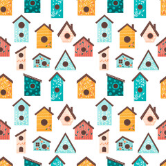 Vector seamless pattern birds houses on white background. Cute backdrop for wallpaper, print, textile, fabric, wrapping.