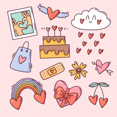 Set of cute Valentine's Day elements, cute cartoon hand drawn style