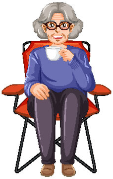 Grandmother drinking coffee sitting on camping chair