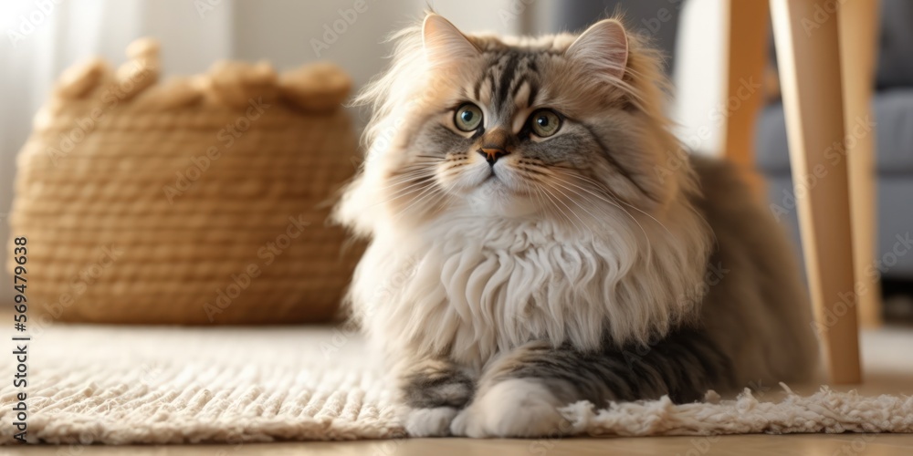 Poster Fluffy siberian cat sitting on the jute wicker rug. Beautiful purebred long haired kitty on the hardwood floor in living room. Close up, copy space, white wall background. Generative AI