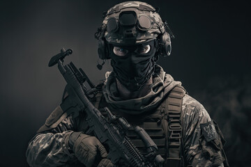  A portrait  of a soldier holding a rifle and wearing a mask