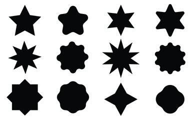Set transparent shapes of star, black color and grunge texture. Sale or discount stickers, icons, badges. Stars with different number of rays, with round and pointed vertices