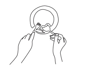 continuous line art or one line drawing of plate, khife and fork. linear style and hand drawn vector illustrations