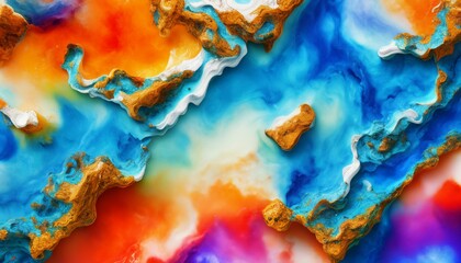 Colorful abstract background of acrylic paint. Blue, orange and yellow marbleized effect Liquid marble pattern.