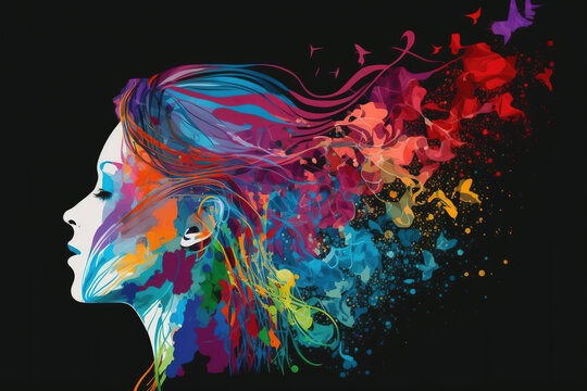 Beautiful woman color spray fusion. Abstract artistic representation of people feeling colors generated with generative AI